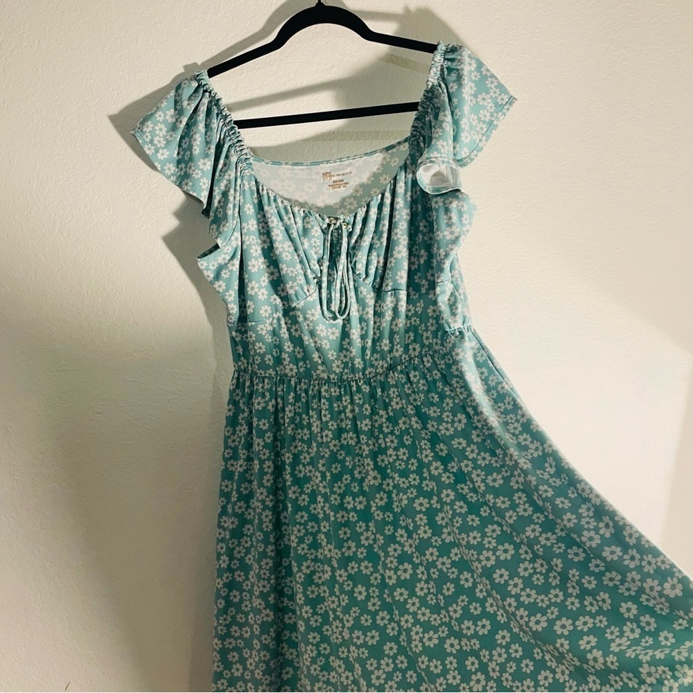 No Boundaries woman mini prairie dress size XXL over the shoulder mint floral - Picture 6 of 11